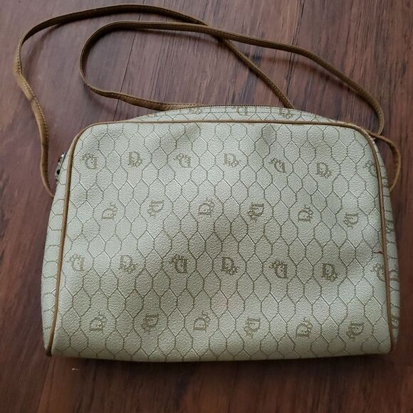 Vintage Christian Dior Honeycomb Chic Feminine Brown Leather Trim Crossbody Bag - Picture 3 of 6